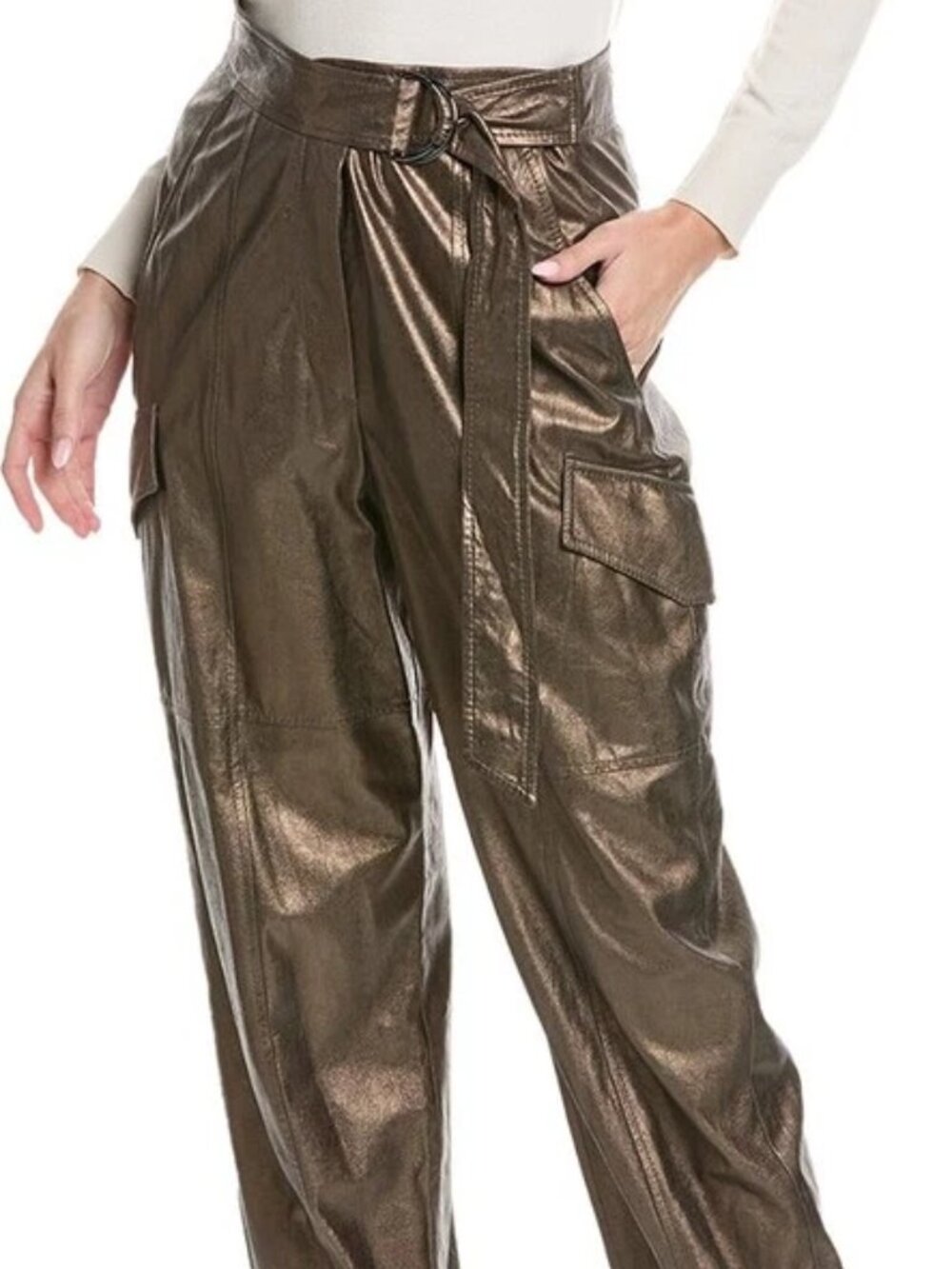 Brunello Cucinelli Metallic Bronze 100% Leather Belted Cargo Pant US 4 IT 40 NWT